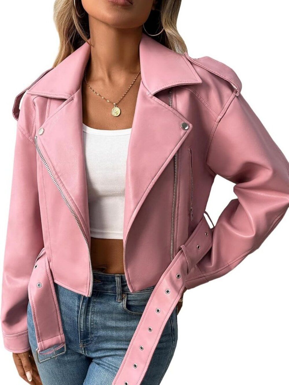 Chic Faux Leather Cropped Biker Jacket for Women | Vegan Moto Coat with Belt